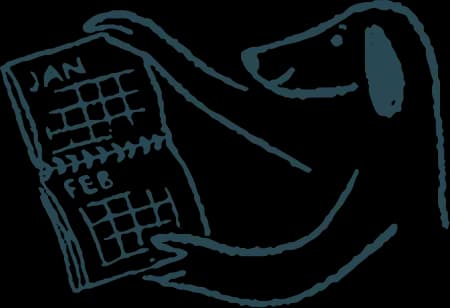 Line drawing of a dog holding a calendar